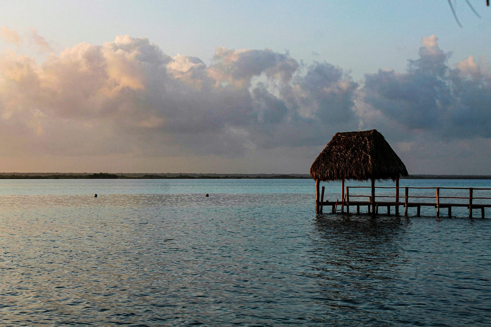 Amanecer sobre la Laguna de Bacalar con un muelle rústico de madera que se adentra en aguas tranquilas
