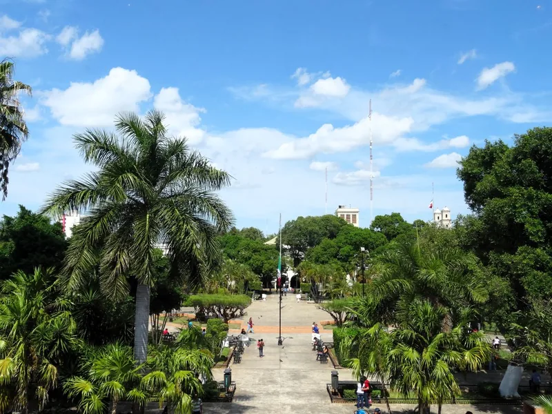 Palm-lined main square of Valladolid, Mexico