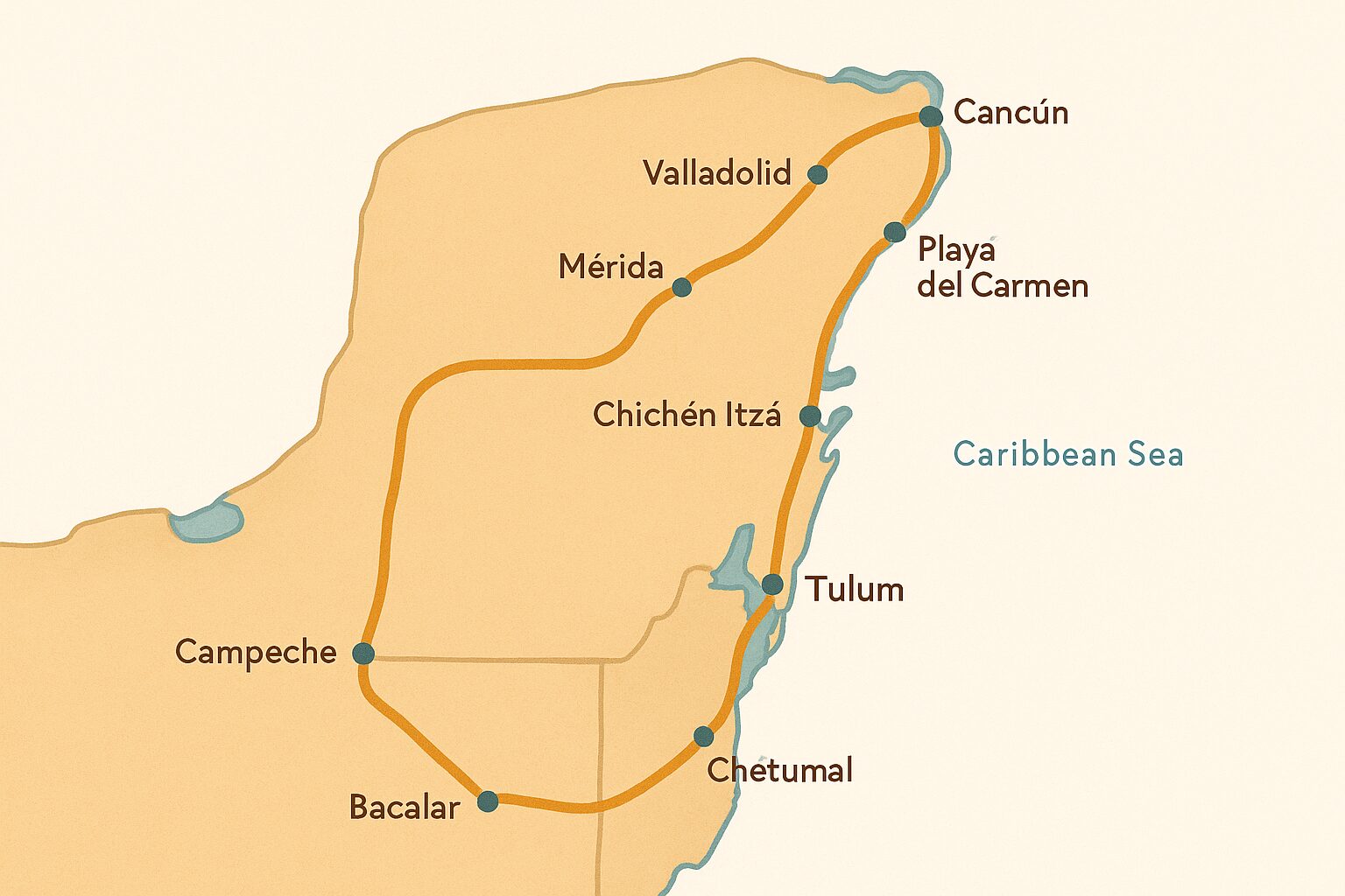 Tren Maya route map showing rail connections across the Yucatán Peninsula